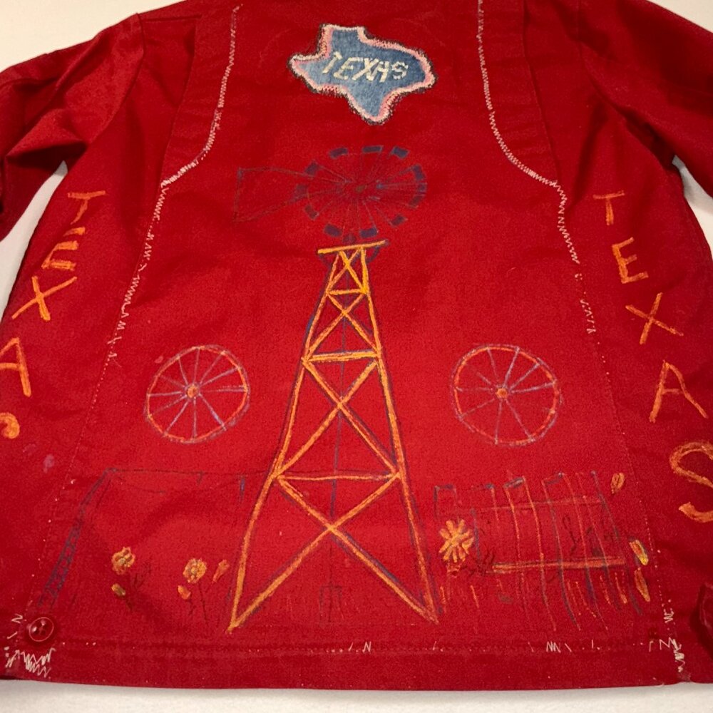 RIVERSIDE FLEXBAC Red Work Jacket Texas USA Custom Embroidery Paint Windmill SML